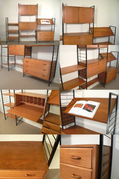 A large impressive Ladderax wall system, c1960s. Designed by Robert Heal and manufactured by Staples, London. With the desirable lecturn shelf and pull down bureau, making a complete desk area. Can be arranged to suit your needs.