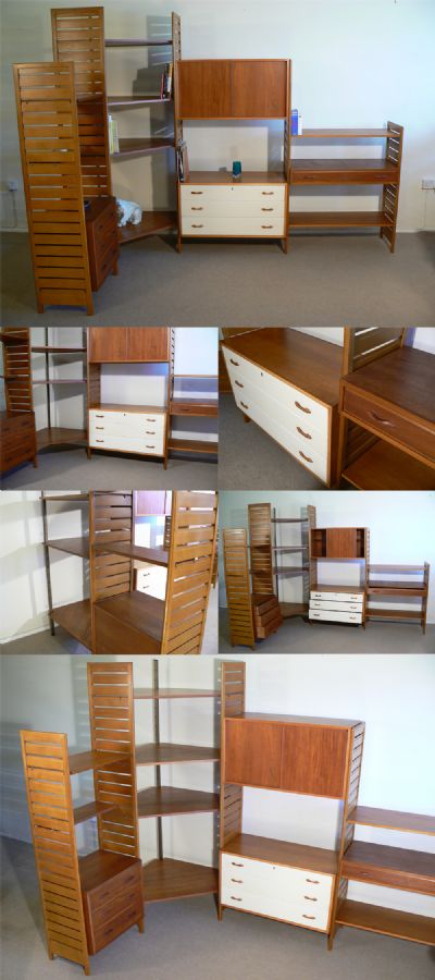 A large teak Ladderax corner system, c1960s. Designed by Robert Heal for Staples ltd. A totally versatile modular storage unit with any number of different configurations. This free standing version can be used as a room divider.