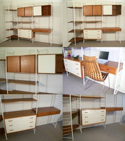 A large Ladderax corner system, c1968. Rare white metal uprights with teak boxes and shelves which can be arranged to suit. By Robert Heal for Staples of London.