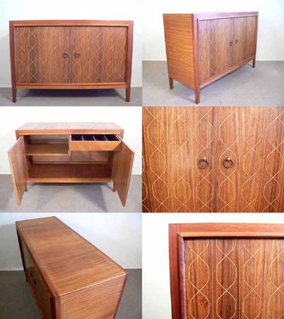 A Helix sideboard c1950s. Designed by David Booth and Judith Ledboer and manufactured by Gordon Russell. Mahogany with rosewood veneer to doors. 