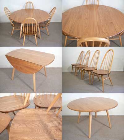A drop leaf dining table and four Quaker chairs by Lucian Ercolani for Ercol furniture, c1970s. Solid elm and beech. 