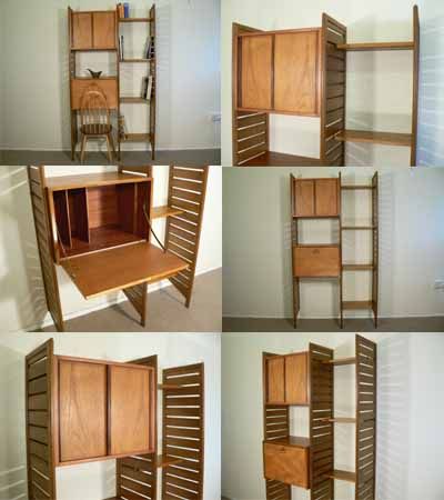 A small teak Ladderax system with narrow shelf section. A totally adjustable and versatile storage system, designed by Robert Heal for Staples, c1960s