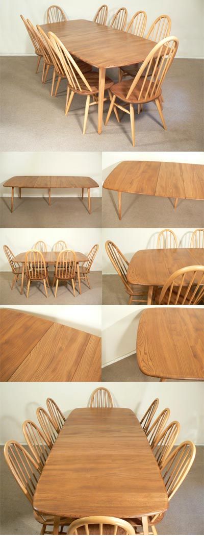 An Ercol refectory Table and 10 Quaker chairs in elm with beech leg section, c1970s. Extends to make a large imposing table with superb grain and construction details. Seating for 8 to 10 people. Designed by Lucian Ercolani for Ercol of England.