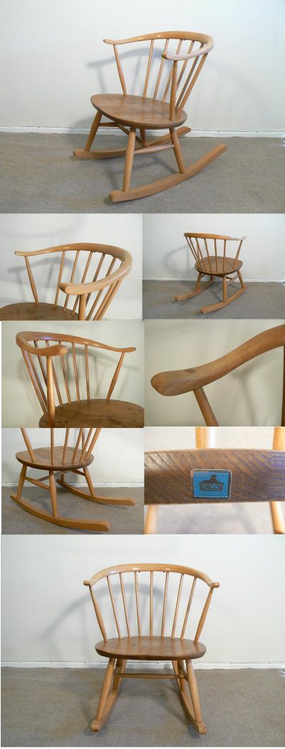 A rare blue label Ercol 'cowhorn' rocking chair, model number 339 in beech and elm. Highly original with lovely figured grain to seat.