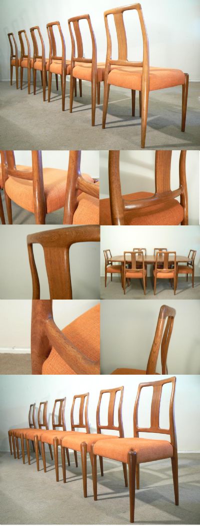 A set of six teak dining chairs, c1960s. A striking set, of Danish origin, with a wonderful curved and sculpted feel about them. Newly reupholstered in a period orange hopsack type fabric.