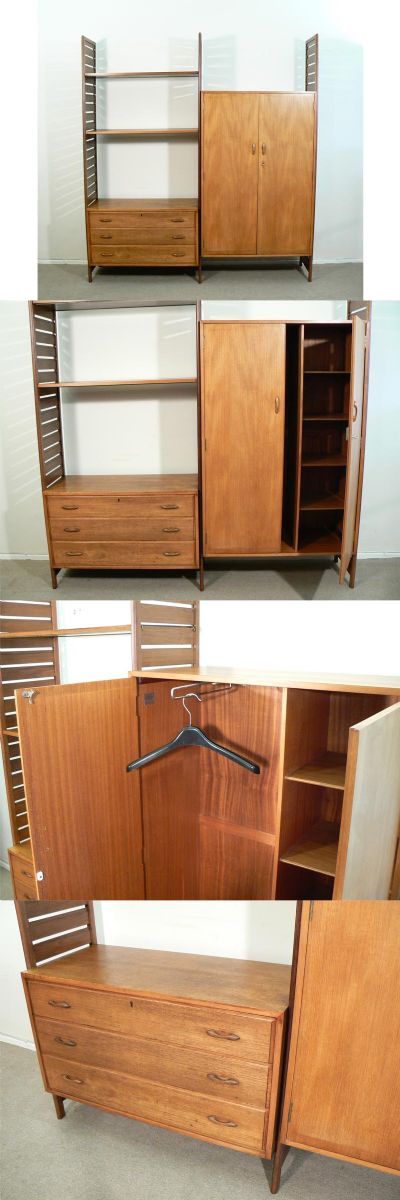 A 1960s all teak Ladderax wardrobe system. Designed by Robert Heal for Staples of London. A three draw chest and rare wardrobe unit with slide out hanging rail and cubicles.   