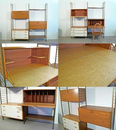 A wall leaning gold metal ladderax system, c1960s. Featuring a birds eye maple drinks unit, chest of draws and bureau. By Robert Heal for Staples, London