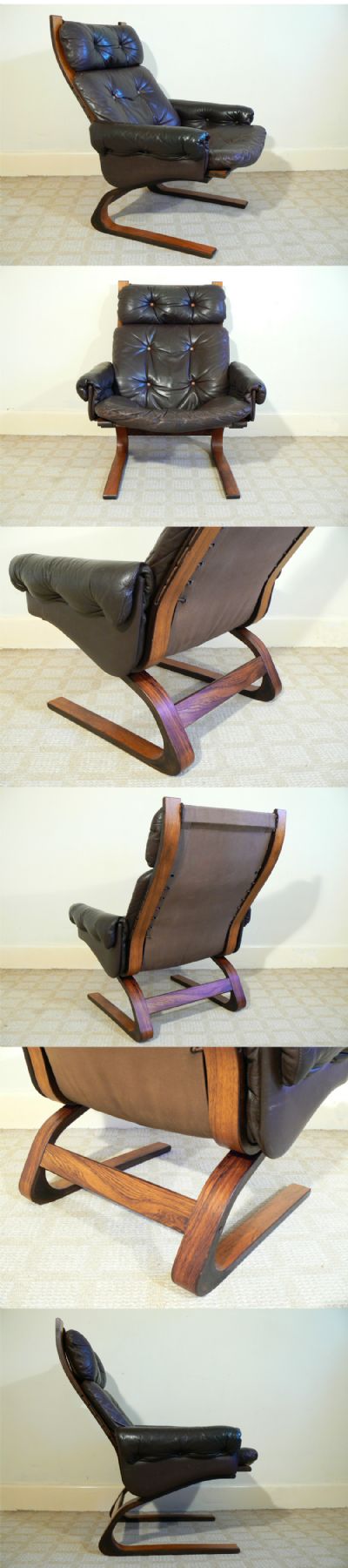 A 'Kengu' leather cantilever armchair with a stained rosewood frame. Designed by Elsa and Nordal Solheim.