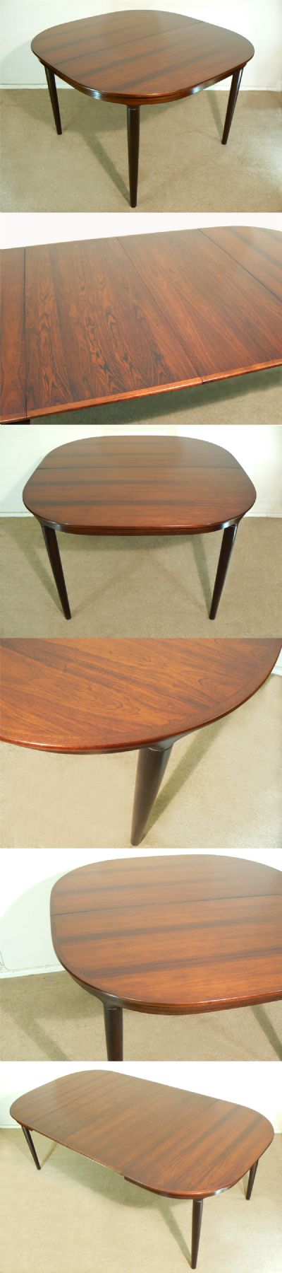 A large double leaf extending table in rosewood. In stunning restored condition with seating for ten to twelve people. Can be used with both leafs, one, or none.