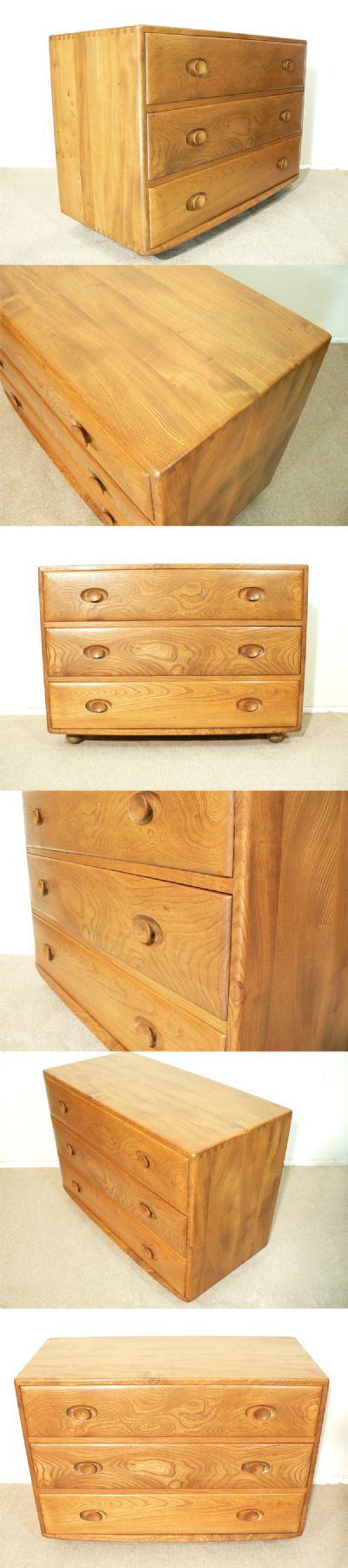 An Ercol chest of draws, c1970s. Highly figured elm grain throughout, stunning. One of a pair available.
