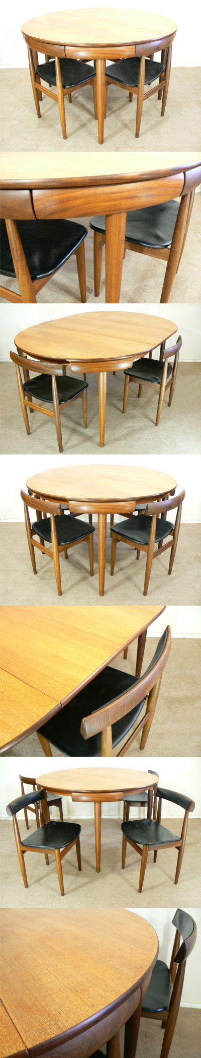 A Frem Rojle 'Roundette' series extending dining table and four matching chairs. Fully restored, a stunning example of this popular set. Two more chairs available.
