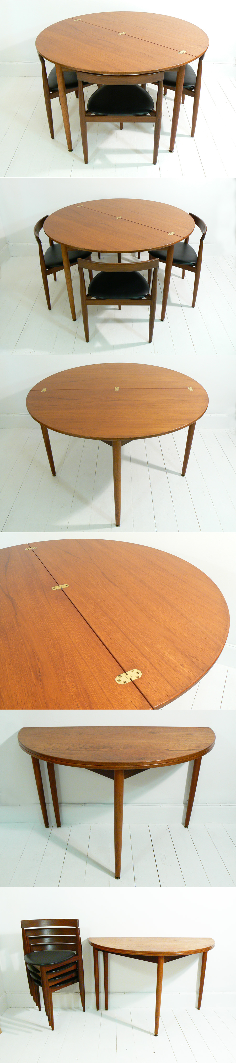 A Poul Volther dining table and four Hans Olsen chairs. Manufactured by Frem Rojle of Denmark, c1960s. A versatile set with the table having a flip top and the chairs stacking.