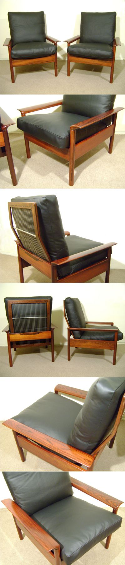 A pair of rosewood armchairs, c1970s. Retailed by Gervan of Belgium and attributed to Hans Olsen. New black hide with feather filling.