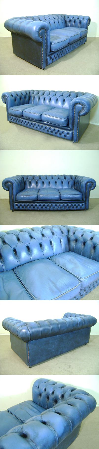 A blue leather chesterfield sofa, c1970s. A really unusual and vibrant blue with excellent patination and mottled sides.