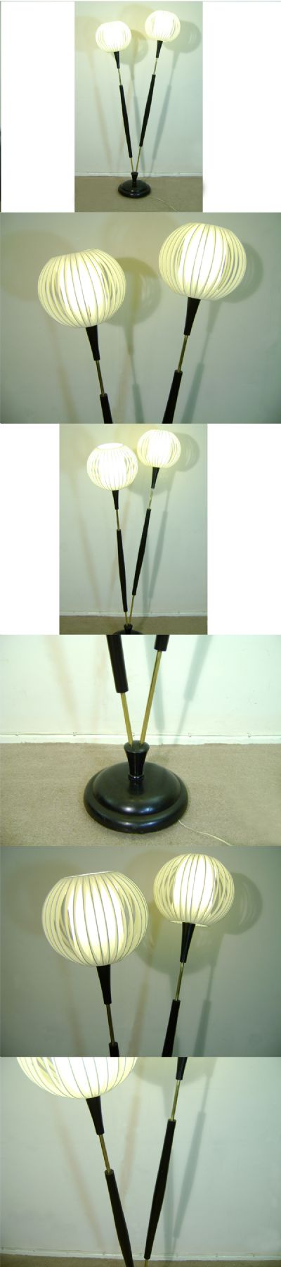 A  highly unusual double stem floor lamp, c1950/60s. Of Ebonised wood with brass fittings and distinctive shades.