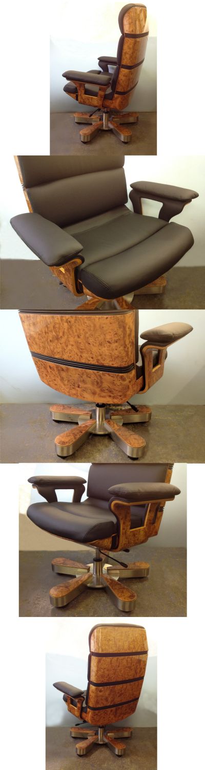 A leather and burr walnut swivel chair on cast metal base, possibly Italian, c1970/80s