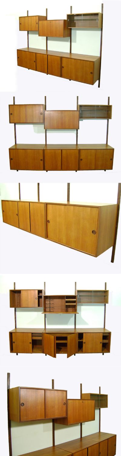 A teak wall mounted storage system by Cado of Denmark, c1960s. The boxes can be mounted higher or lower than shown, as required.