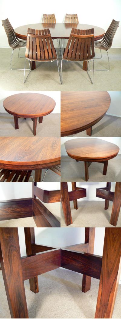 Large circular extending table. A stunning table with vivid grain and of excellent quality construction. Reminiscent of manufacturer Merrow  