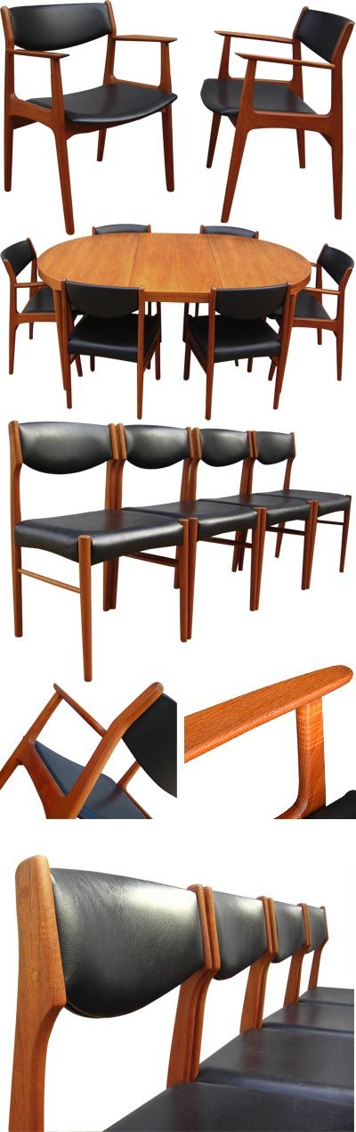 Set of six teak dining chairs including two carvers, c1960s. Organic in style with subtle details such as the angled armrests, sculpted back supports and curved framework. Designed by Eric Buck