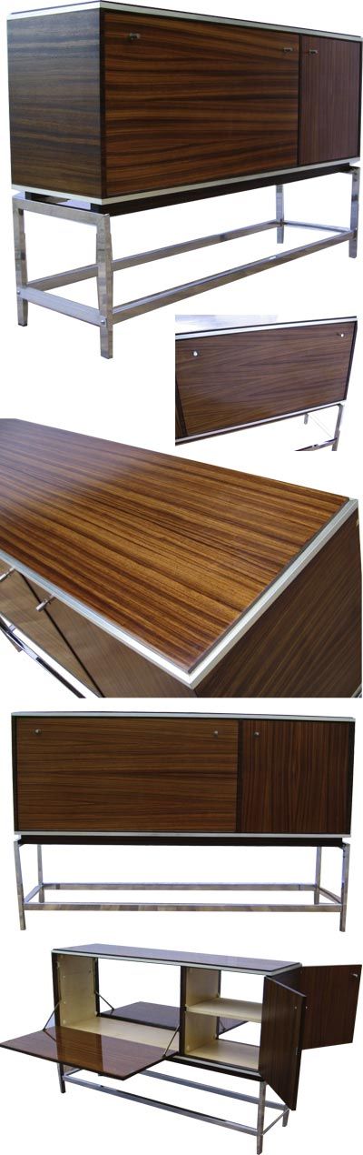 Rosewood and chrome bar. This delightful bar opens both sides for a large serving area.