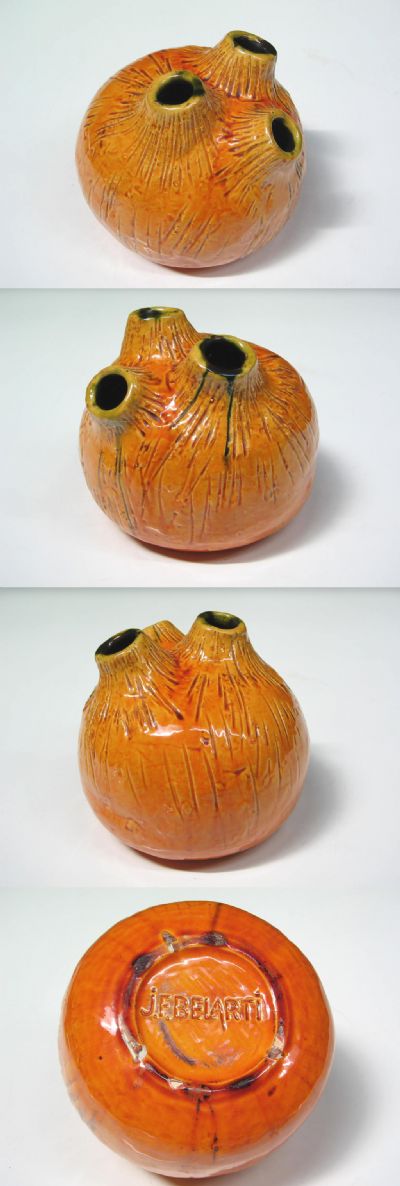 A glazed vase, c1970s. Designed by Juliette F. Belarti. Of circular organic form with three finials and a wonderful textured finish. More commonly known for her tileware, this is an excellent example of her work