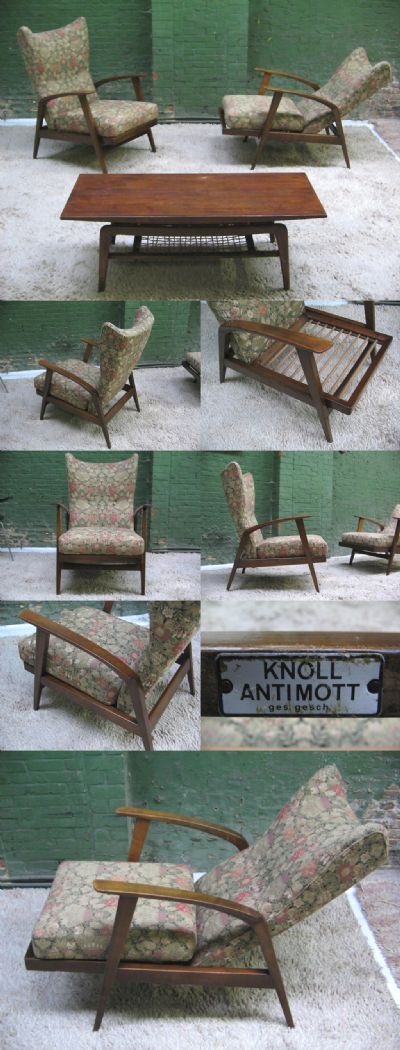 Pair of early Knoll reclining armchairs c1950s. Stunning wing back form. Excellent vintage and complete with original fabric and  webbing. Teak wood frame with multi position reclining mechanism and superb angular back rest section. 