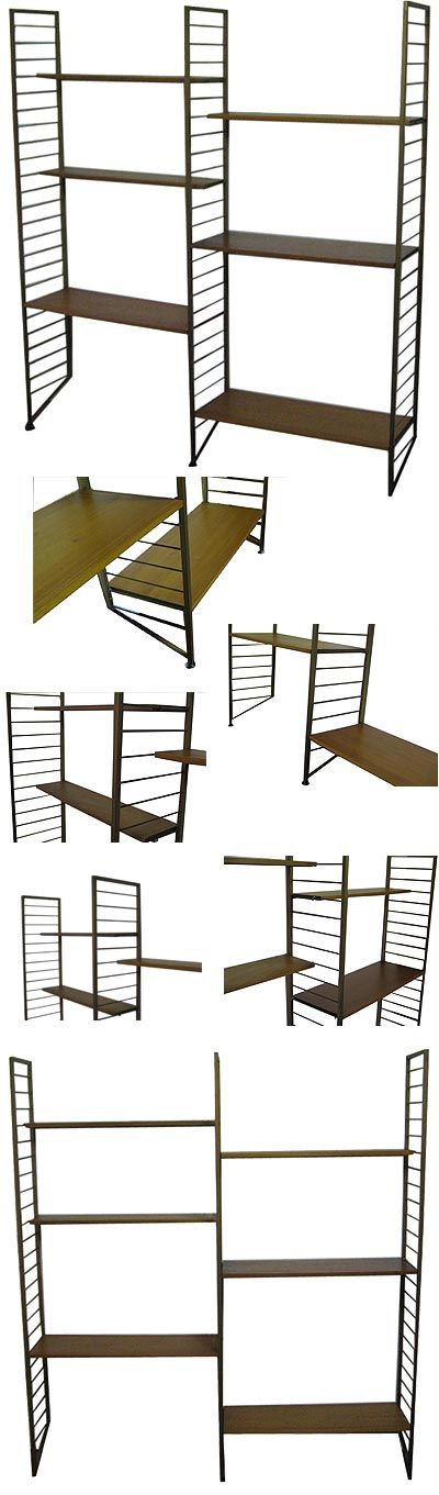 A two bay Ladderax shelving system. Metal uprights with teak shelves.
