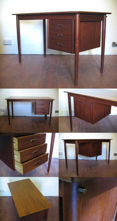 A small Danish teak desk, with sliding draw section. Arne Vodder for H. Sigh + Son.